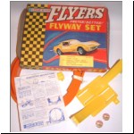 Lone Star Flyway Starter Set no.310, showing the contents.  In addition, one Flyers car was included, and early sets contained a Flyers lapel badge as shown.